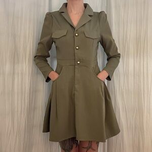 Green Military Style Mini Dress Long Sleeves and Buttons Emo Soviet Kitsch Core